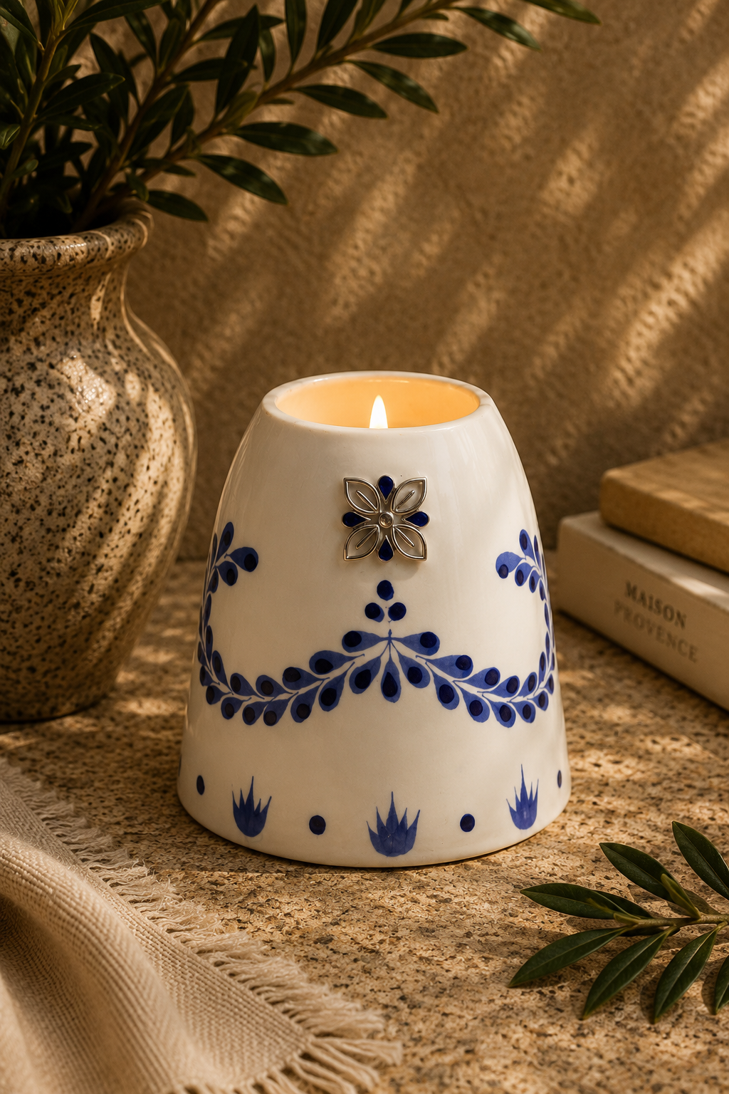 Ceramic Bloom – נר קרמיקה בעבודת יד עם עיטור פרחוני