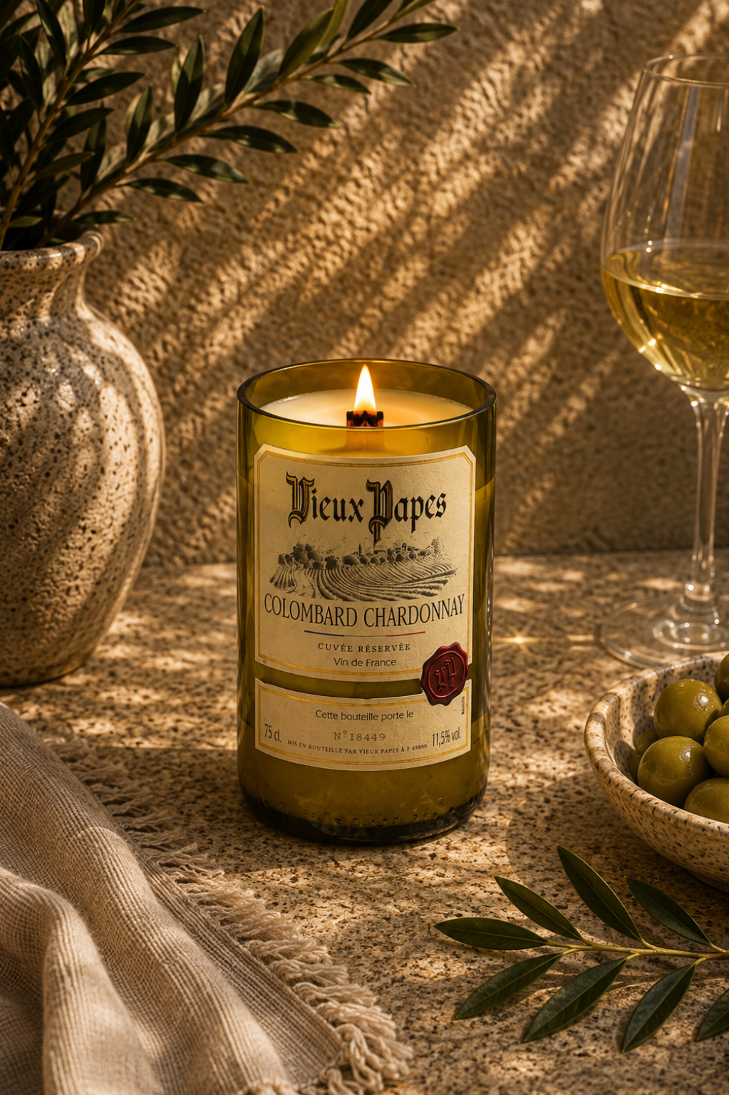 נר ריח בעבודת יד מבקבוק יין Vieux Papes Colombard Chardonnay - Scotch & Candles